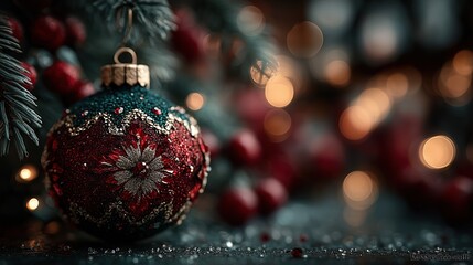 Ornament Christmas Decorations with Bokeh Lights and Red Berries
