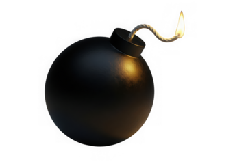 Black cartoon bomb with burning fuse isolated on transparent background