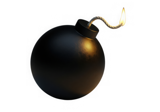 Black cartoon bomb with burning fuse isolated on transparent background