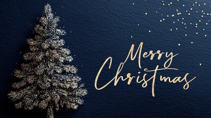Navy Blue Christmas Tree with Gold Merry Christmas Text and Sparkles - Perfect for Holiday Greeting Cards and Decor