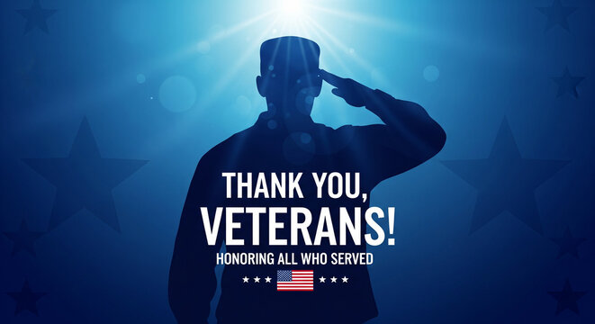 Silhouette of soldier saluting with thank you veterans message and american flag on blue background
