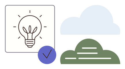 Glowing lightbulb within a frame, blue checkmark, cloud, and greenery. Ideal for creativity, innovation, sustainability, decision-making design teamwork strategy. Modern and simple flat metaphor