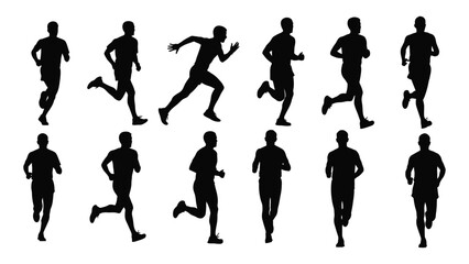 Running men silhouettes set isolated on transparent background, Vector