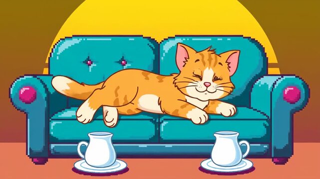 Cute orange cat sleeping on blue sofa, cozy cartoon pixel art virtual background for broadcast video