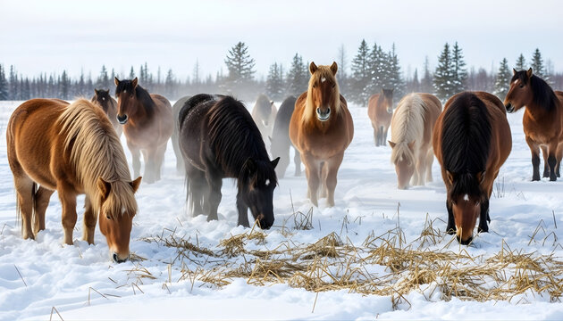 horses in snowy winter landscape outdoors