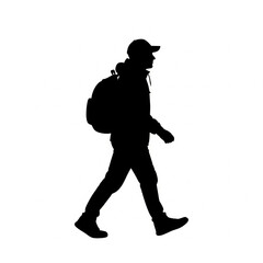 Black silhouette of a person with a backpack and cap walking. Isolated vector graphic of a young tourist, student, or hiker on a journey