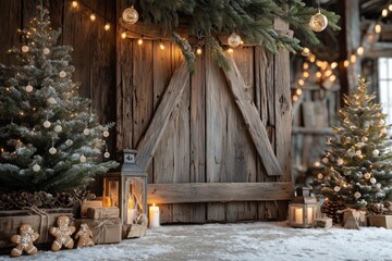 Cozy Christmas Decor with Rustic Wooden Wall, Twinkling Lights, and Festive Elements
