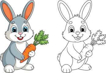 Cartoon rabbit illustration holding carrot, cute bunny drawing, children’s coloring page outline, animal vector artwork, educational kids activity design asset