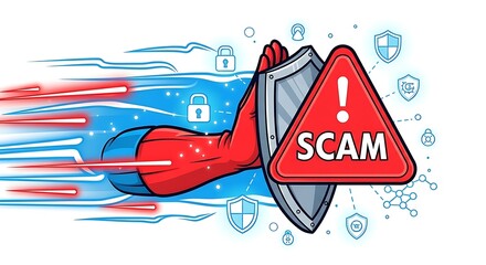 Illustration of a shield protecting from scam attack with cybersecurity icons around