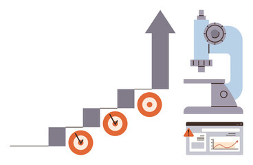 Microscope, upward arrow, steps with target icons, and monitoring screen. Ideal for progress, research, achievement, strategy growth analysis science. Metaphor for simple flat metaphor