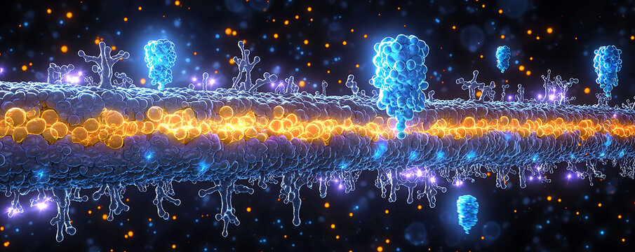 Stunning 3D render of a neuron firing, showcasing intricate details of synapses and neurotransmitters.  A captivating visual metaphor for communication, connection, and the human brain.