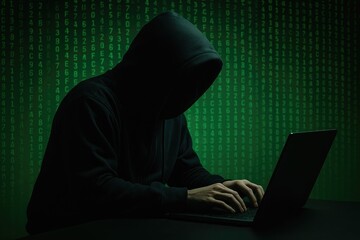 Lone hooded figure typing on laptop with green digital code background, cyber threat, data breach, dark web