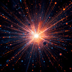 Abstract depiction of a bright cosmic explosion with glowing orange and blue light rays radiating from the center, symbolizing energy, speed, and futuristic motion in deep space.
