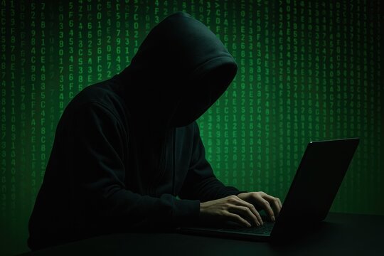 Lone hooded figure typing on laptop with green digital code background, cyber threat, data breach, dark web