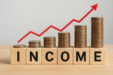 Increasing income growth with stacked coins and red arrow chart finance concept