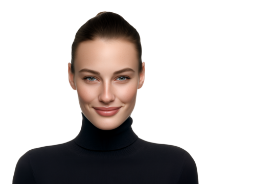 Close-up portrait of a beautiful woman in a black turtleneck on a transparent background