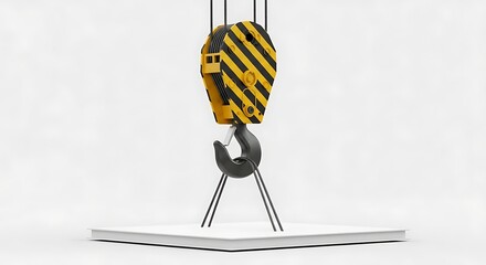 Industrial crane hook with yellow and black caution stripes for construction