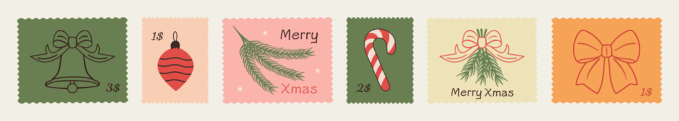 Winter vacation postage stamps in doodle sketch, hand-drawn style with Christmas and New Year elements. Xmas postmark vector illustrations for posters, postcards, mail art, festive scrapbooking design
