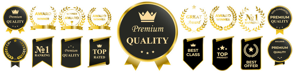 Premium golden badge and label design set with luxury metallic frames, elegant decorative borders,...