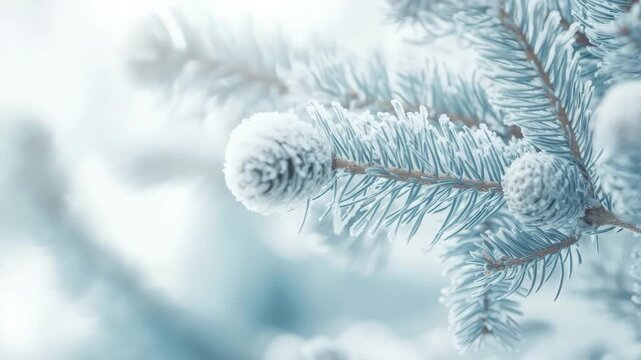 Spruce pinecones and needles displaying clear ice crystals creating a beautiful winter scene, copy space