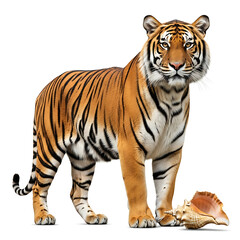 Obraz premium Majestic striped tiger standing near a large spiral conch shell