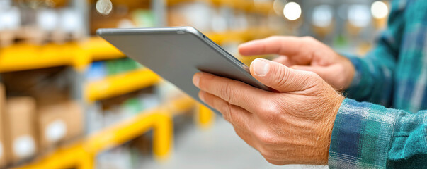 Man using a tablet to analyze inventory data in a warehouse. Business and storage concept.