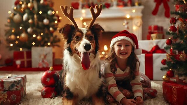 A closeup of a dog with reindeer antlers, set against a festive backdrop of a Christmas tree adorned with ornaments and lights.