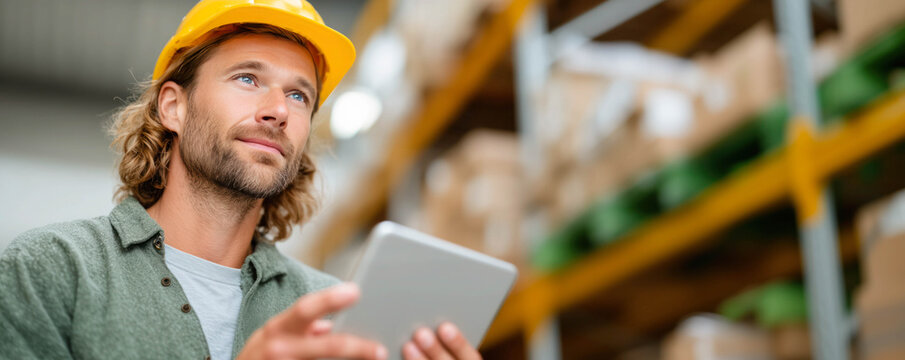 Man using a tablet to analyze inventory data in a warehouse. Business and storage concept.