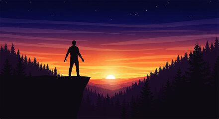 Fototapeta premium Silhouette of a man standing on a cliff edge, looking out at a vibrant sunset over a forest landscape.