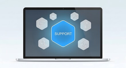Laptop Screen Displaying Customer and Technical Support Icons and The Word Support