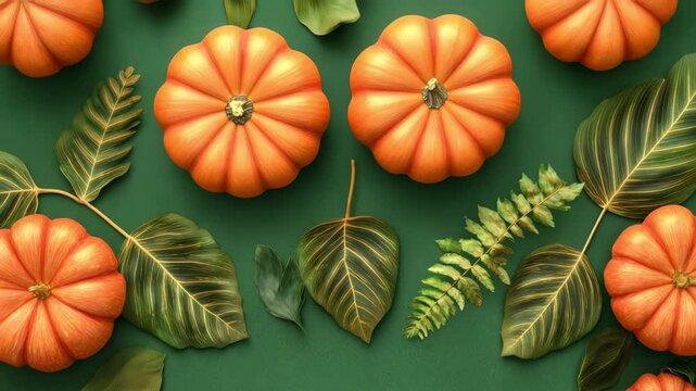 Autumn pumpkins and various green leaves forming a festive border on dark green background, copy space