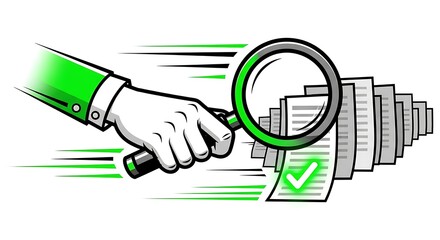 Magnifying glass inspecting documents with a checkmark indicating approval illustration