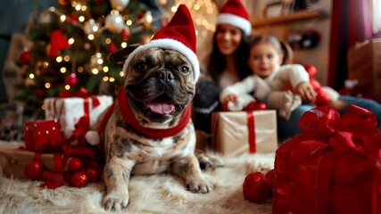 Pug dog wearing Santa hat and red bandana in front of Christmas tree with lights and presents. - Powered by Adobe
