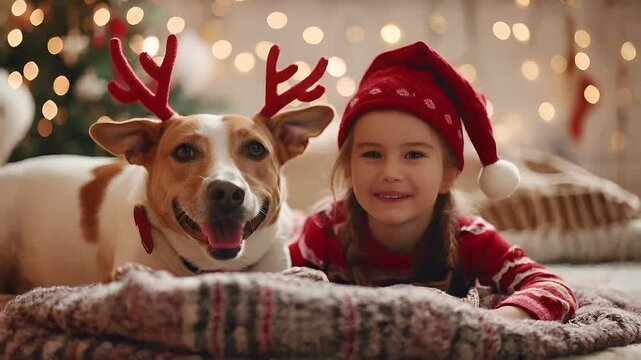 A festive portrait of a young girl and a dog, with a Christmas tree in the background. The girl is wearing a festive red Santa hat and a matching red and white outfit.
