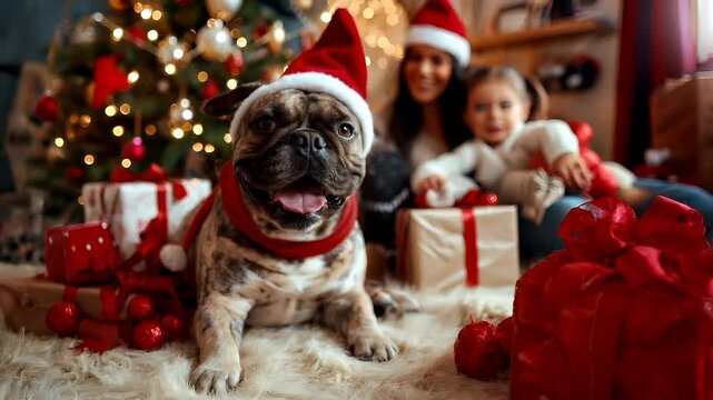 Pug dog wearing Santa hat and red bandana in front of Christmas tree with lights and presents.