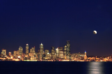 Moon rising over Seattle's Smith Tower, Seattle, Washington State, USA