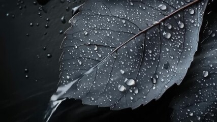 Close-up of water droplets forming and dripping from a dark, wet leaf against a black background - Powered by Adobe