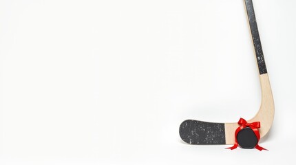 A sports-themed Christmas banner featuring a black hockey puck with a red ribbon and a hockey stick on a white background. There is ample copy space. 
