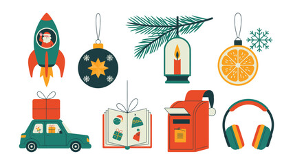 Holiday Ornament Assortment: A captivating array of holiday ornaments, including a rocket with Santa, a classic bauble, a lantern with candle, snowflake, a car with gift boxes, an open book.