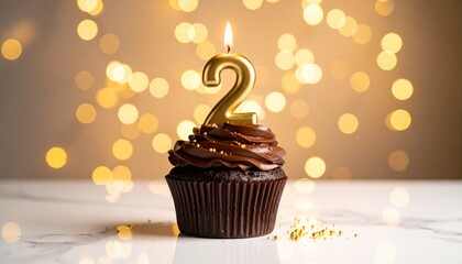 A delicious cupcake with chocolate frosting and a golden number 2 candle, perfect for a special birthday celebration