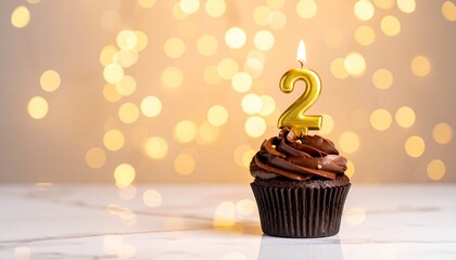Birthday Celebration Chocolate Cupcake with Number Two Candle