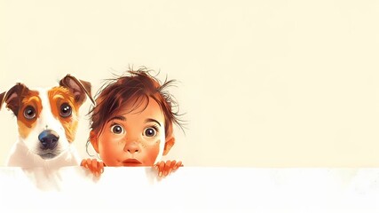 A detailed illustration of a young child peeking over a white surface, with a curious expression on their face. The childs hair is tousled, and they are wearing a lightcolored shirt.
