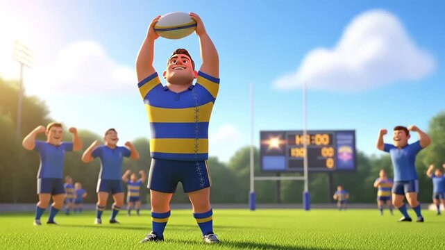 Dynamic rugby team celebrates victory on field, showcasing teamwork and sportsmanship in a vibrant, family-friendly animation style video