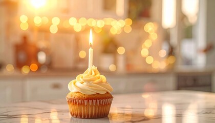 Sparkling Celebration Golden Cupcake with Lit Candle on a kitchen counter in front of string lights