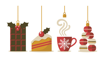 Holiday Cheer: Decorative ornaments showcasing the festive season with a gift, cake, hot beverage, and colorful pastry arranged to evoke warmth and joy.