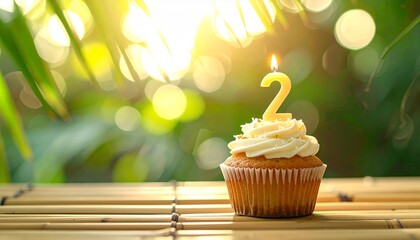 Delicious vanilla frosted cupcake with a glowing '2' candle, set against a warm, sun-dappled natural background
