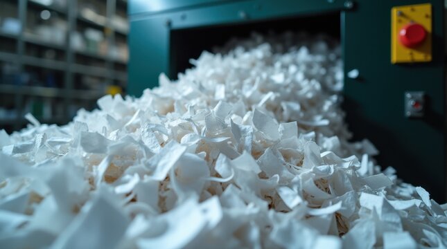 Shredded documents exiting a powerful industrial shredder 