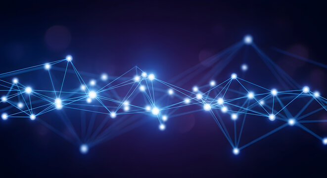 Dynamic glowing network connections illuminate digital abstract background, representing data flow and global connectivity