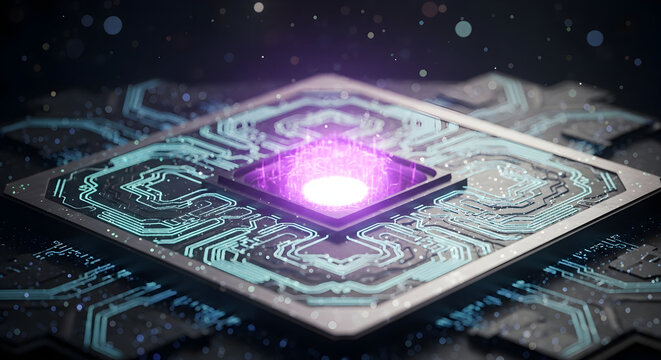 Dynamic glowing circuit board with pulsing energy, representing innovation and advanced technology.