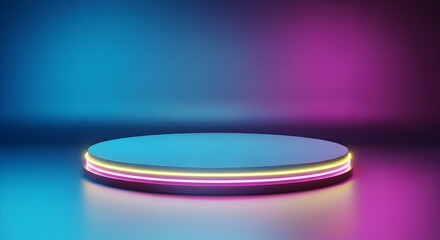 Modern neon illuminated stage for product display or award presentation with vibrant gradient background
